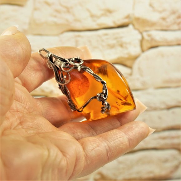 HUGE AMBER STERLING PENDANT WITH MEXICO SILVER WIRE, RARE GIFT FOR WOMEN - Picture 5 of 13